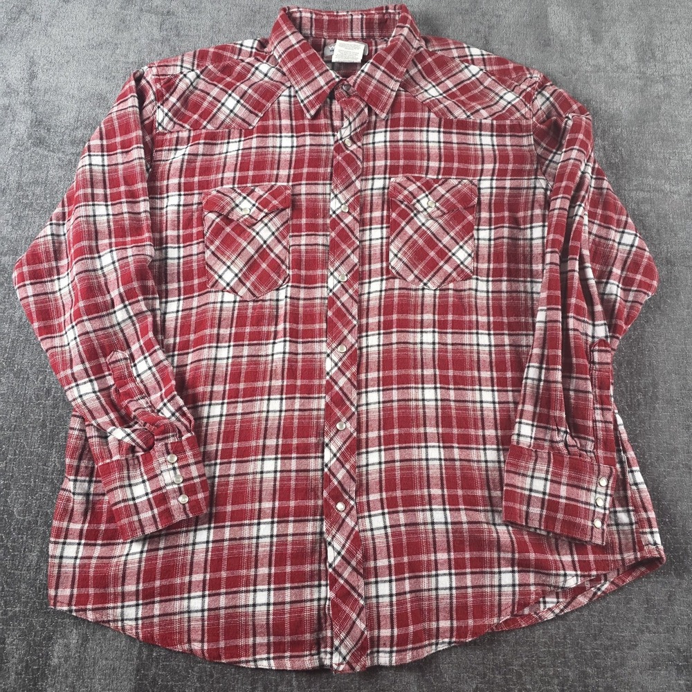 Wrangler Pearl Snap Shirt XXL Plaid Flannel Red White Western 100% Cotton 2XL